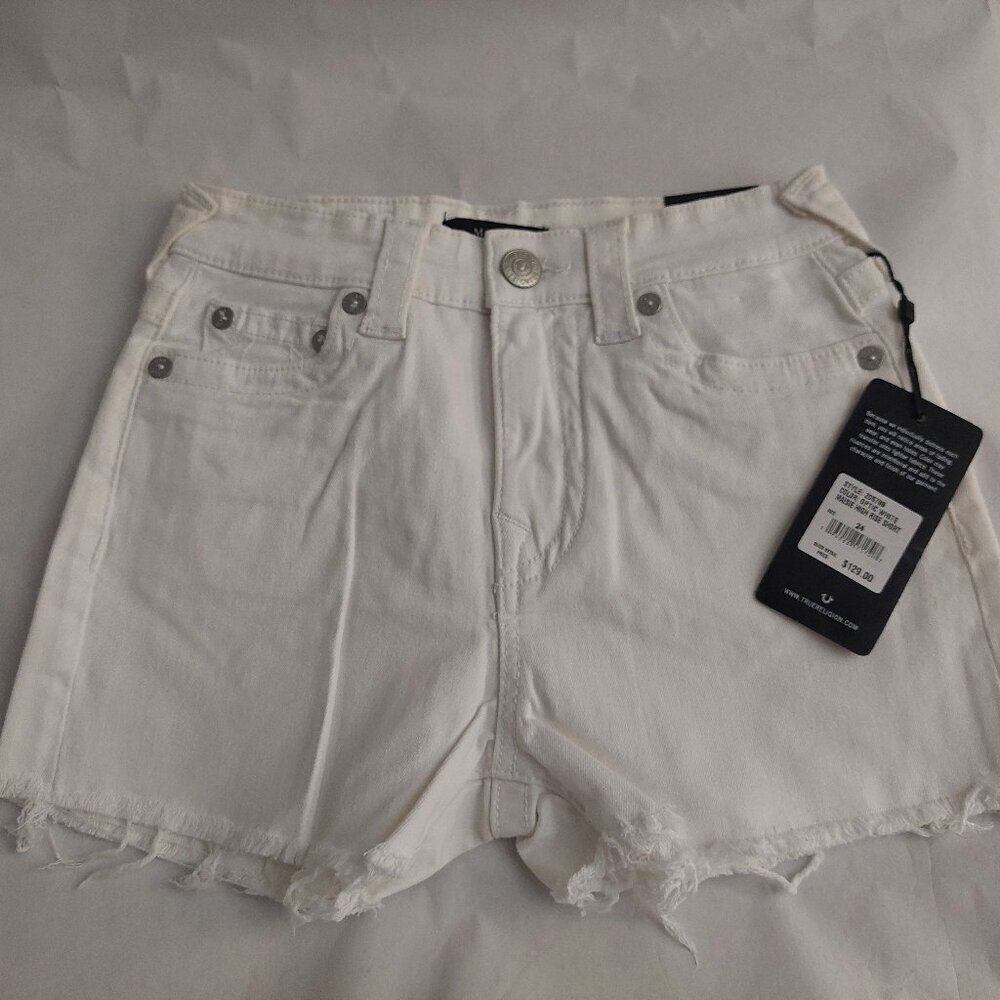 True Religion Brand Jeans White Denim Maisie High Rise Shorts NWT $129 - Picture 3 of 16